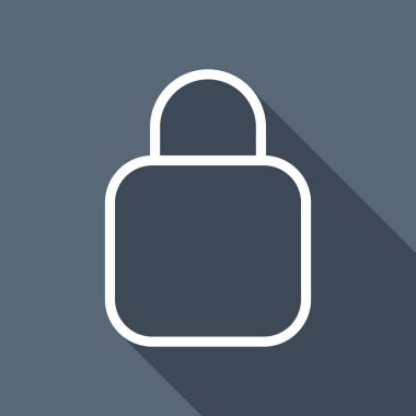 Basit kilit simgesi. Doğrusal sembol, ince anahat. Uzun Gölge arka plan üzerinde beyaz düz simgesi