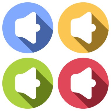 Basit birim max. Mavi, turuncu, yeşil ve kırmızı renkli daireler uzun gölge ile beyaz simgeler kümesi. Etiket tarzı