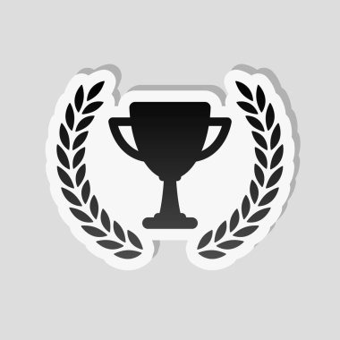 Şampiyonlar Kupası ile defne çelengi. Basit simgesi. Etiket tarzı ile beyaz ve gri arka plan üzerinde basit gölge