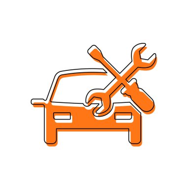 Araba servisi, onarım aracı, düzeltmek. İzole simge siyah ince dağılımı ve farklı katmanlarda doldurma taşındı turuncu oluşan. Beyaz arka plan