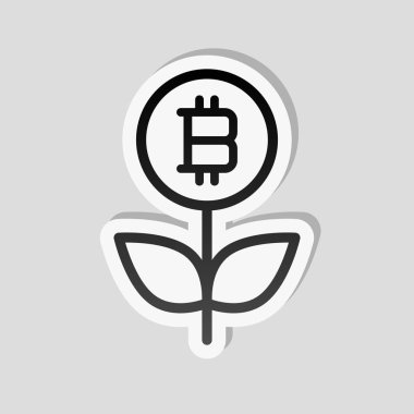 Para çiçek ile bitcoin. Para ağacını. İnce anahat ile doğrusal simgesi. Etiket tarzı ile beyaz ve gri arka plan üzerinde basit gölge