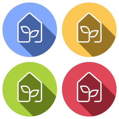 Eko ev simgesini kavramı. Mavi, turuncu, yeşil ve kırmızı renkli daireler uzun gölge ile beyaz simgeler kümesi. Etiket tarzı