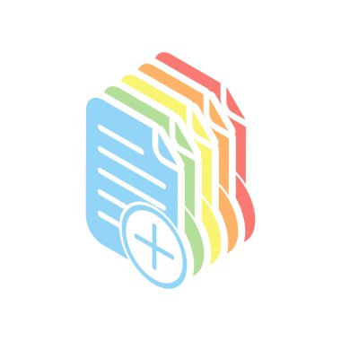 Belge simgesi, kağıt eklemek ve artı bir dairede. Beyaz arka plan üzerinde renkli izometrik simgeler yığını