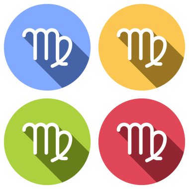 Astrolojik işaret. Başak basit simgesi. Mavi, turuncu, yeşil ve kırmızı renkli daireler uzun gölge ile beyaz simgeler kümesi. Etiket tarzı