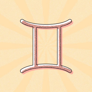 Astrolojik işaret. İkizler basit simgesi. Retro Vintage tipografi ofset baskı etkisi ile. Çizgi roman pop sanat arka plan ile nokta poster