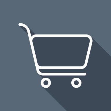 alışveriş sepeti simgesi. İnce anahat ile basit doğrusal simgesi. Uzun Gölge arka plan üzerinde beyaz düz simgesi