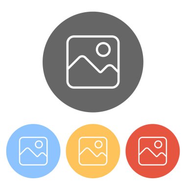 Basit resim simgesi. Doğrusal sembol, ince anahat. Renkli daireler üzerinde beyaz simgeler kümesi