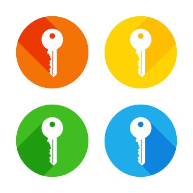 anahtar simgesi. Renkli daireler arka plan düz beyaz simgesi. Dört farklı uzun gölgeler her köşe