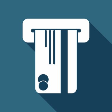 ATM makine ve kredi kartı. basit siluet. Uzun Gölge arka plan üzerinde beyaz düz simgesi