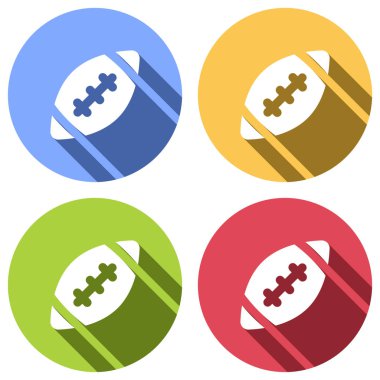 Amerikan futbolu logosunu görmeniz gerekir. Basit rugby topu simgesi. Mavi, turuncu, yeşil ve kırmızı renkli daireler uzun gölge ile beyaz simgeler kümesi. Etiket tarzı