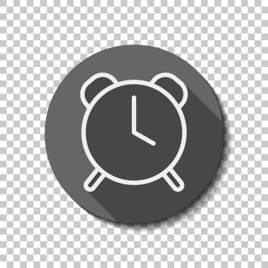 Eski çalar saat, basit simgesi, ince anahat ile doğrusal sembolü. Saydam arka plan üzerinde bir dairede uzun gölge beyaz düz simgesi. Rozet veya etiket stili