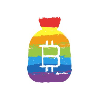 Para çantası ile bitcoin. Tam paran simgesi. Çizim işaretiyle Lgbt stil, gökkuşağı (kırmızı, turuncu, sarı, yeşil, mavi, Indigo, menekşe, yedi renk