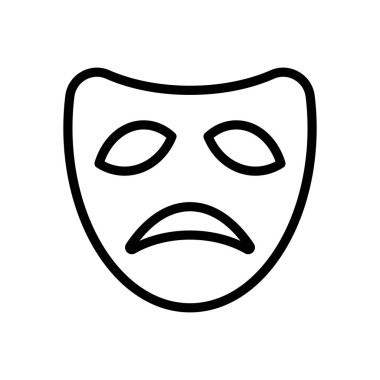 Üzgün maskesi tiyatro, trajedi duygu ile yüz, drama iz. Doğrusal anahat simgesi. Beyaz arka planda siyah simgesi