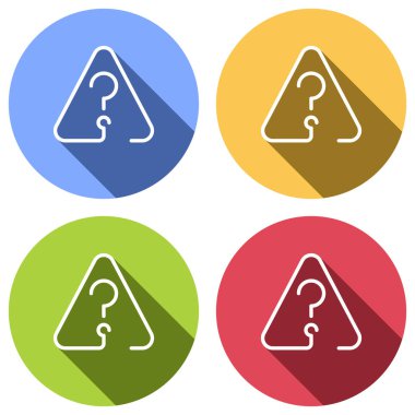 Uyarı üçgeni içinde soru işareti. İnce anahat ile doğrusal simgesi. Bir çizgi stili. Mavi, turuncu, yeşil ve kırmızı renkli daireler uzun gölge ile beyaz simgeler kümesi. Etiket tarzı