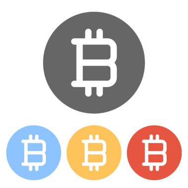 Bitcoin sembolü, basit simgesi. Renkli daireler üzerinde beyaz simgeler kümesi