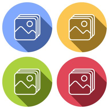 Resimler basit yığını. Mavi, turuncu, yeşil ve kırmızı renkli daireler uzun gölge ile beyaz simgeler kümesi. Etiket tarzı