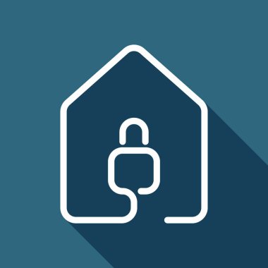 kilit simgesi olan ev. çizgi stili. Uzun Gölge arka plan üzerinde beyaz düz simgesi