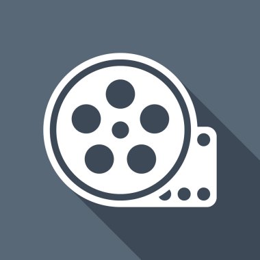 Filmi oynatın, eski film şeridi simgesi, sinema logo. Uzun Gölge mavi zemin üzerine beyaz düz simgesi
