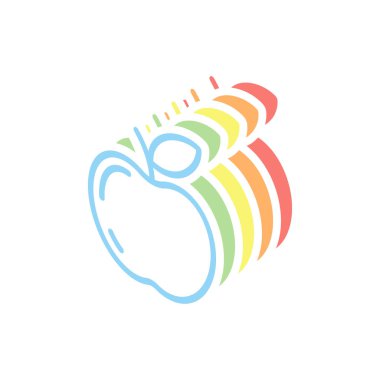 Basit elma simgesi. Anahat siluet. Beyaz arka plan üzerinde renkli izometrik simgeler yığını