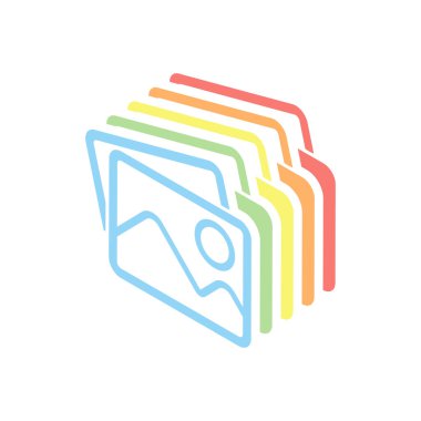 Birkaç dağlar ve güneş ile fotoğraf yığını. Basit doğrusal simgesi. Beyaz arka plan üzerinde renkli izometrik simgeler yığını