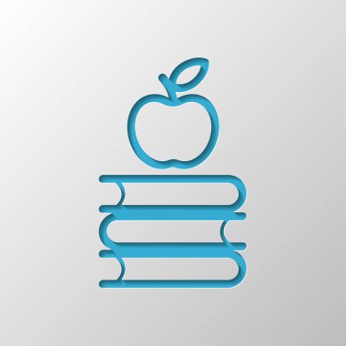 Elma üstünde kitap kutsal kişilerin resmi. Bilgi logosunu görmeniz gerekir. Kağıt tasarımı. Gölge ile düzenlenen sembolü