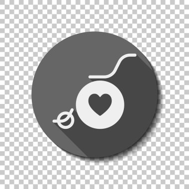 Tekerlekli sandalye ve kalp, anahat simgesi. Saydam arka plan üzerinde bir dairede uzun gölge beyaz düz simgesi. Rozet veya etiket stili