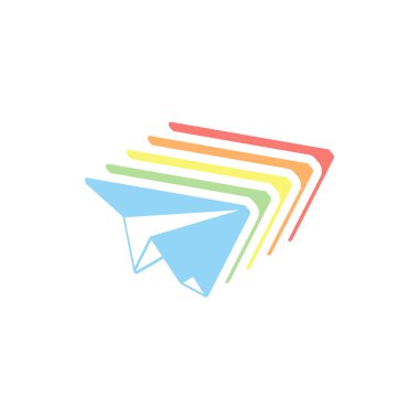 kağıt uçak. origami planör. Beyaz arka plan üzerinde renkli izometrik simgeler yığını