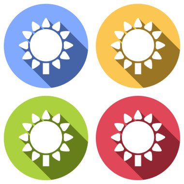 Ayçiçeği, bitki. Doğa simgesi. Mavi, turuncu, yeşil ve kırmızı renkli daireler uzun gölge ile beyaz simgeler kümesi. Etiket tarzı