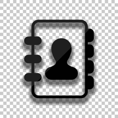 Adres defterinde kişi ile kapak. basit simgesi. Saydam arka plan üzerinde yumuşak gölgeli siyah cam kutsal kişilerin resmi