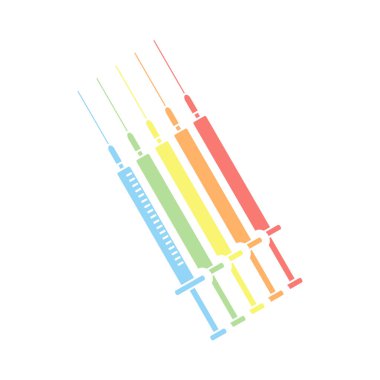 Şırınga simgesi. Beyaz arka plan üzerinde renkli izometrik simgeler yığını