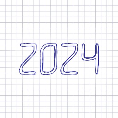 2024 sayı simgesi. Yeni Yılınız Kutlu Olsun. Elle çizilmiş resim kağıt sayfası. Mavi mürekkep, anahat kroki tarzı. Damalı zemin üzerine doodle