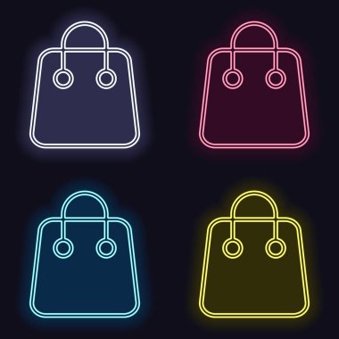 Alışveriş çantası simgesi. Doğrusal, ince anahat. Neon işareti kümesi. Koyu arka plan üzerinde casino tarzı. Seamless modeli