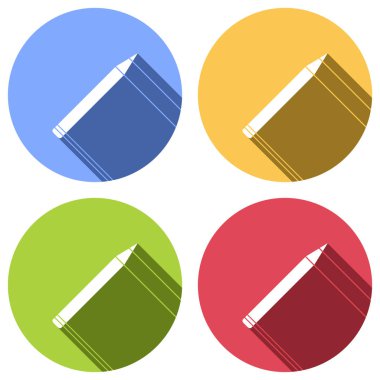 Kurşun kalem simgesini. Mavi, turuncu, yeşil ve kırmızı renkli daireler uzun gölge ile beyaz simgeler kümesi. Etiket tarzı