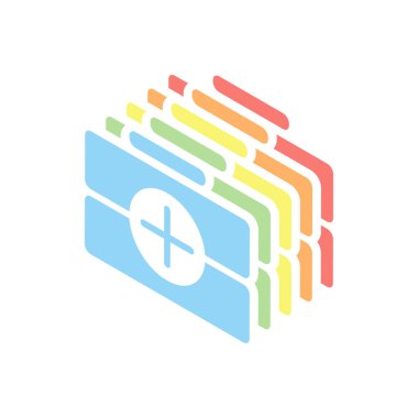 ilk yardım çantası, basit simgesi. Beyaz arka plan üzerinde renkli izometrik simgeler yığını