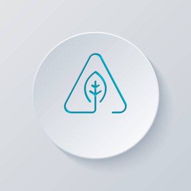 Eko yaprak uyarı üçgeni içinde. ekoloji ile sorun. Doğrusal sembolü ile ince anahat. bir çizgi stili. Gri ve mavi katmanları ile daire kes. Kağıt tarzı