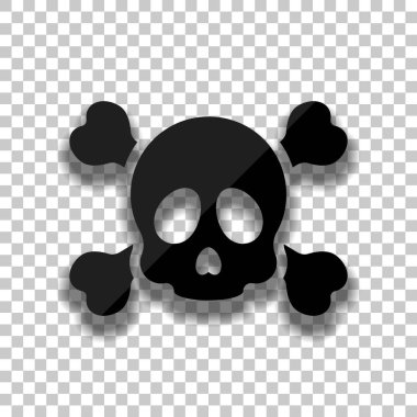 Kafatası ve çapraz kemikler. Basit simgesi. Saydam arka plan üzerinde yumuşak gölgeli siyah cam kutsal kişilerin resmi