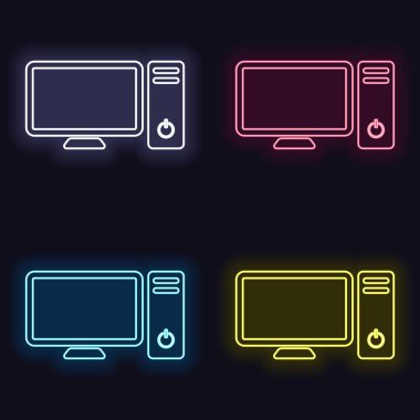 Kişisel bilgisayar, pc. Sistem birimi ve monitör. Neon işareti kümesi. Koyu arka plan üzerinde casino tarzı. Seamless modeli