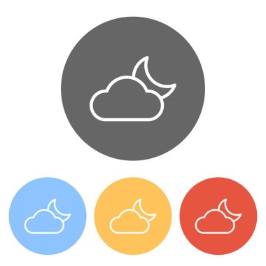 Geceleri çok bulutlu. İnce anahat ile basit doğrusal simgesi. Renkli daireler üzerinde beyaz simgeler kümesi