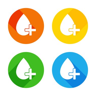 damla kan ve tıbbi çapraz. basit simgesi. Renkli daireler arka plan düz beyaz simgesi. Dört farklı uzun gölgeler her köşe