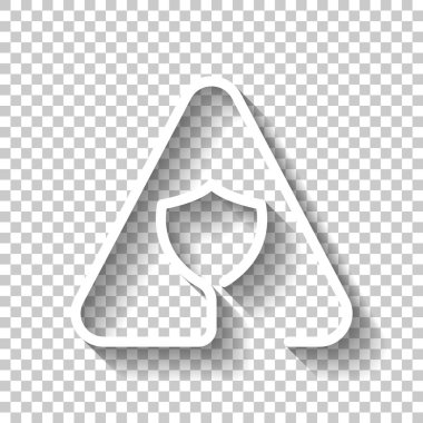 Uyarı üçgeni içinde kalkan. Koru ile sorun. İnce anahat ile doğrusal simgesi. Bir çizgi stili. Gölge şeffaf arka plan üzerinde beyaz simgesi