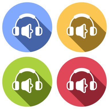 Kulaklık ve ses seviyesini. Orta ses düzeyi. Basit simgesi. Mavi, turuncu, yeşil ve kırmızı renkli daireler uzun gölge ile beyaz simgeler kümesi. Etiket tarzı