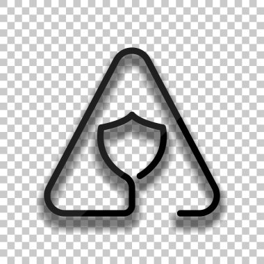 Uyarı üçgeni içinde kalkan. Koru ile sorun. İnce anahat ile doğrusal simgesi. Bir çizgi stili. Saydam arka plan üzerinde yumuşak gölgeli siyah cam kutsal kişilerin resmi