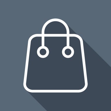 Alışveriş çantası simgesi. Doğrusal, ince anahat. Uzun Gölge arka plan üzerinde beyaz düz simgesi