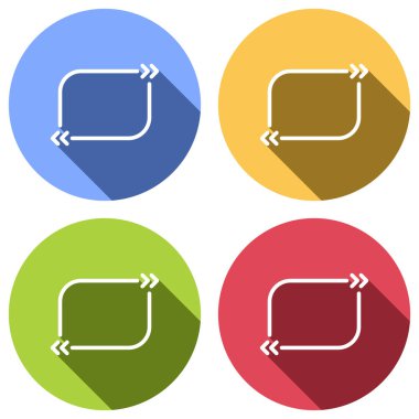 Metin teklif dikdörtgen. Basit simgesi. Mavi, turuncu, yeşil ve kırmızı renkli daireler uzun gölge ile beyaz simgeler kümesi. Etiket tarzı