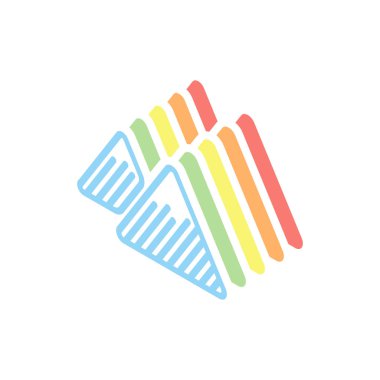 Dağlar simgesi. İnce anahat doğrusal stiliyle. Beyaz arka plan üzerinde renkli izometrik simgeler yığını