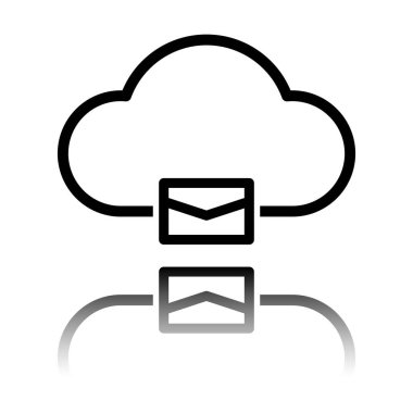 bulut posta, ince anahat ile basit doğrusal simgesi. Siyah beyaz arka plan ayna yansıması simgesiyle