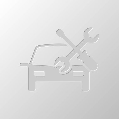 Araba servisi, onarım aracı, düzeltmek. Kağıt tasarımı. Düzenlenen sembolü. Çekirdeksiz stili