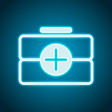 ilk yardım çantası, anahat simgesi. Neon tarzı. Işık dekorasyon simgesi. Parlak elektrik sembolü