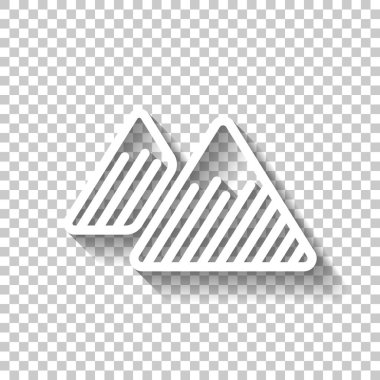 Dağlar simgesi. İnce anahat doğrusal stiliyle. Gölge şeffaf arka plan üzerinde beyaz simgesi