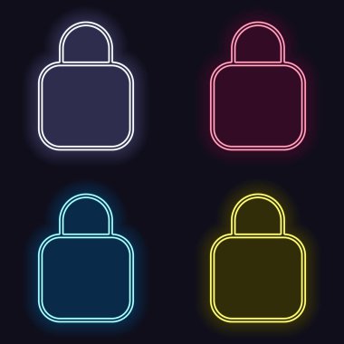Basit kilit simgesi. Doğrusal sembol, ince anahat. Neon işareti kümesi. Koyu arka plan üzerinde casino tarzı. Seamless modeli